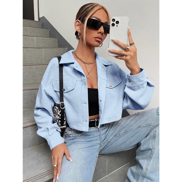 Minimalist Drop Shoulder Crop Corduroy Jacket shacket coat - Picture 3 of 11